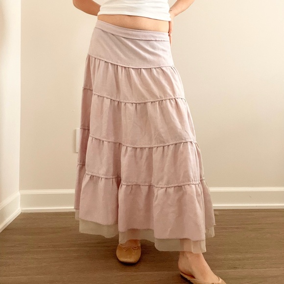Vintage Dresses & Skirts - Vintage Linen Cotton Tiered Maxi Skirt in Dusty Pink